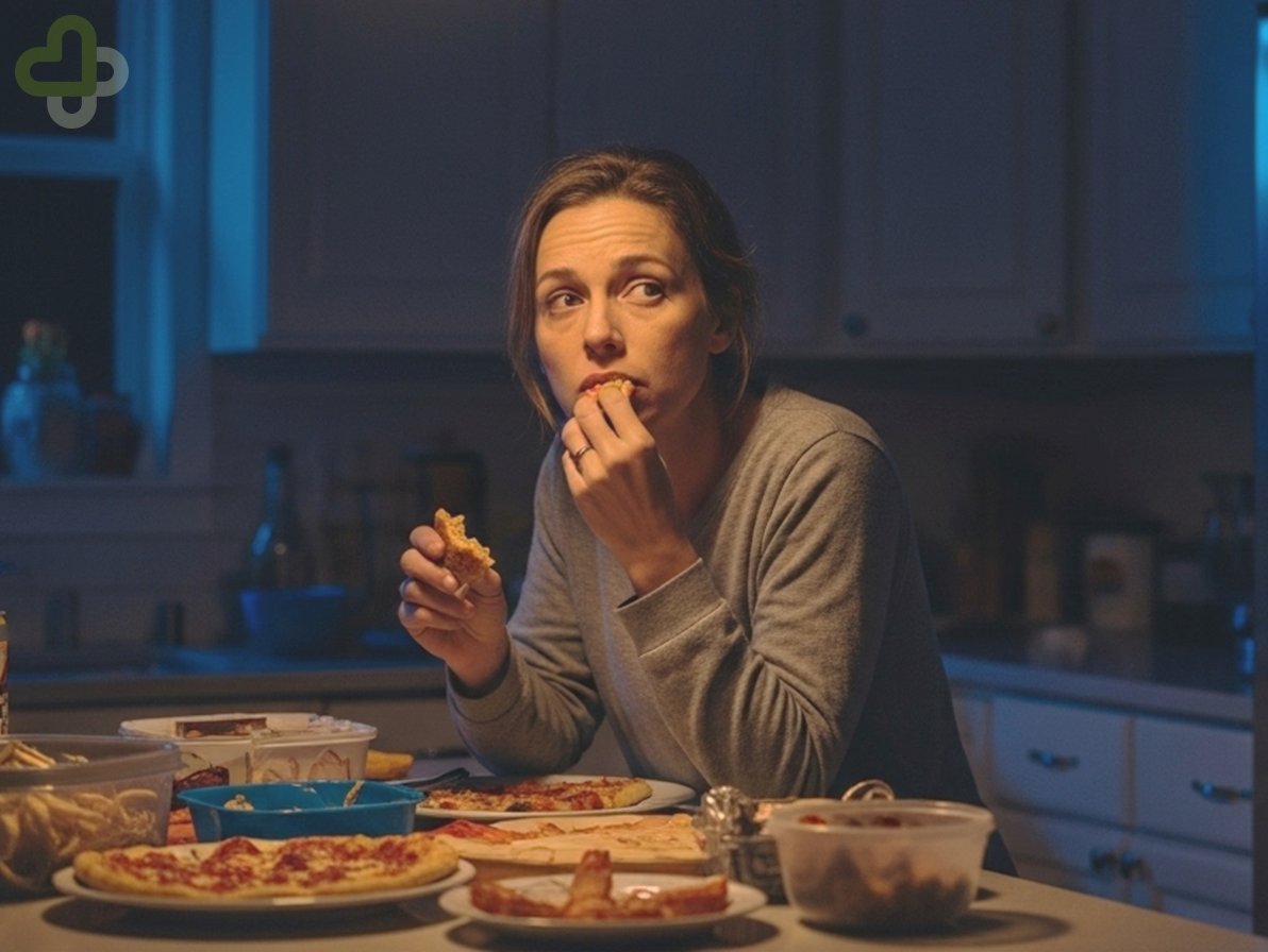 Женщина ест на кухне ночью